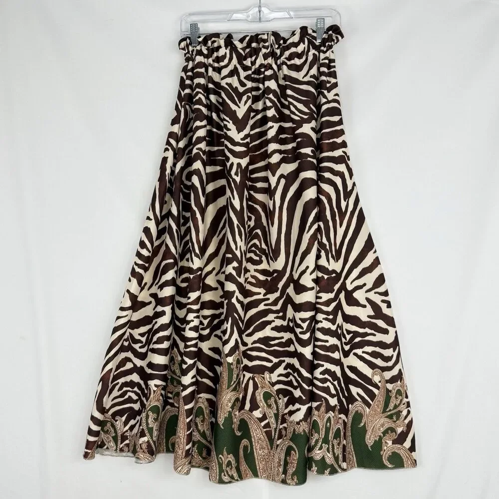 Madison Made in Italy Zebra Midi Skirt Brown Animal Print Elastic Waist S/M